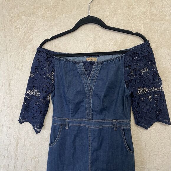 La Reyna Denim Lace Off The Shoulder Dress Pockets Side Zip Boho Cottagecore S - Picture 9 of 11